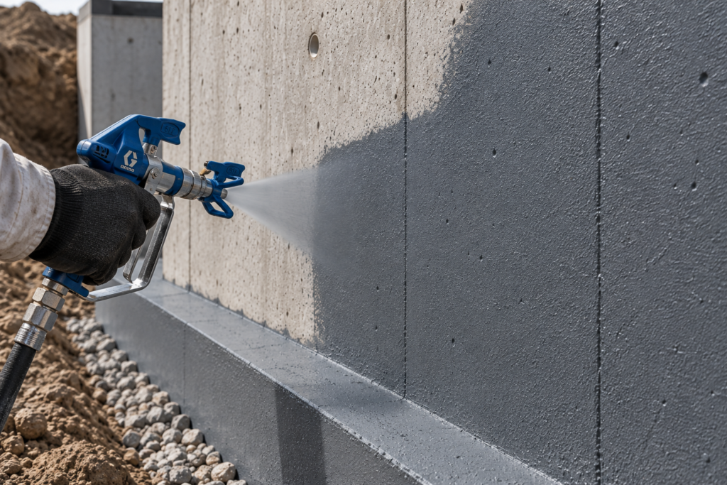 Spray-applied foundation damp proofing on a new concrete foundation in Bozeman, Montana