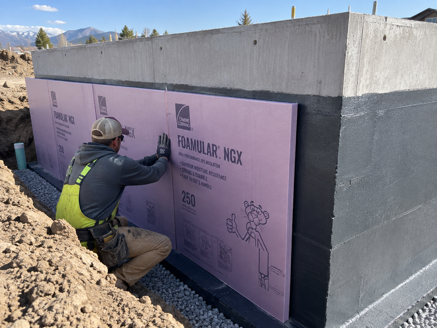 Foam board insulation being installed on the exterior of a concrete foundation in Bozeman, Montana