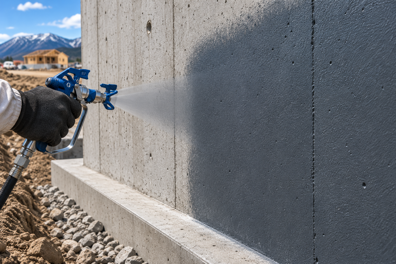 Close-up of spray-applied damp proofing being applied to an exterior concrete foundation wall