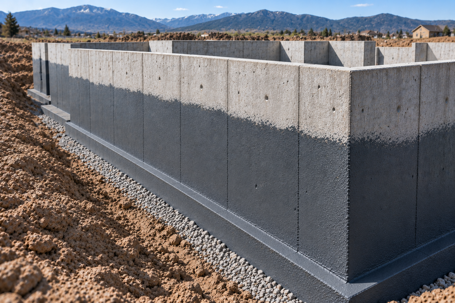 Exterior damp proofing on a new concrete foundation in a residential neighborhood